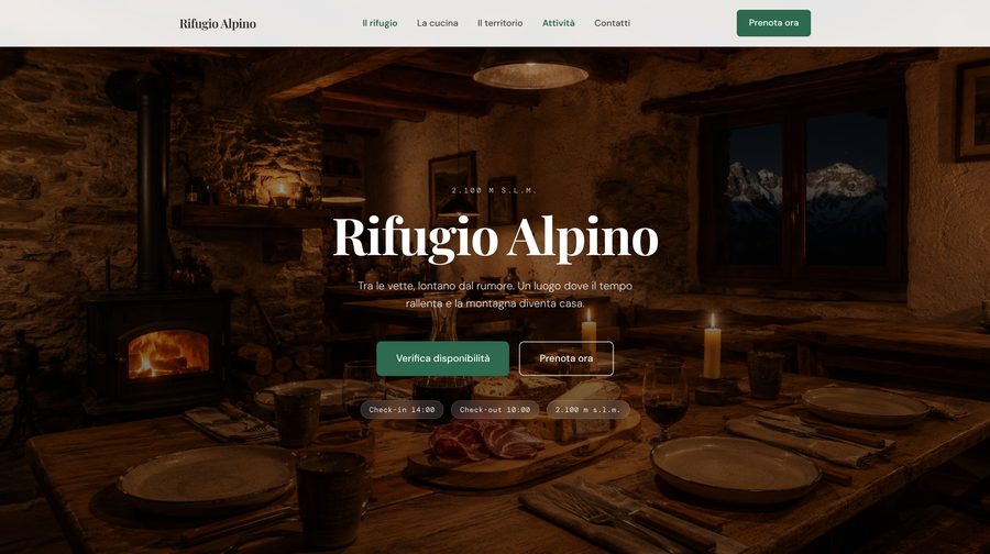 Sito pubblico del rifugio: home page con presentazione, disponibilità e prenotazione diretta
